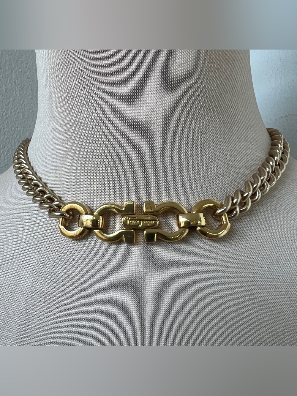 Custom Vintage Ferragamo Gancini Necklace Two Tone Gold Choker 15”